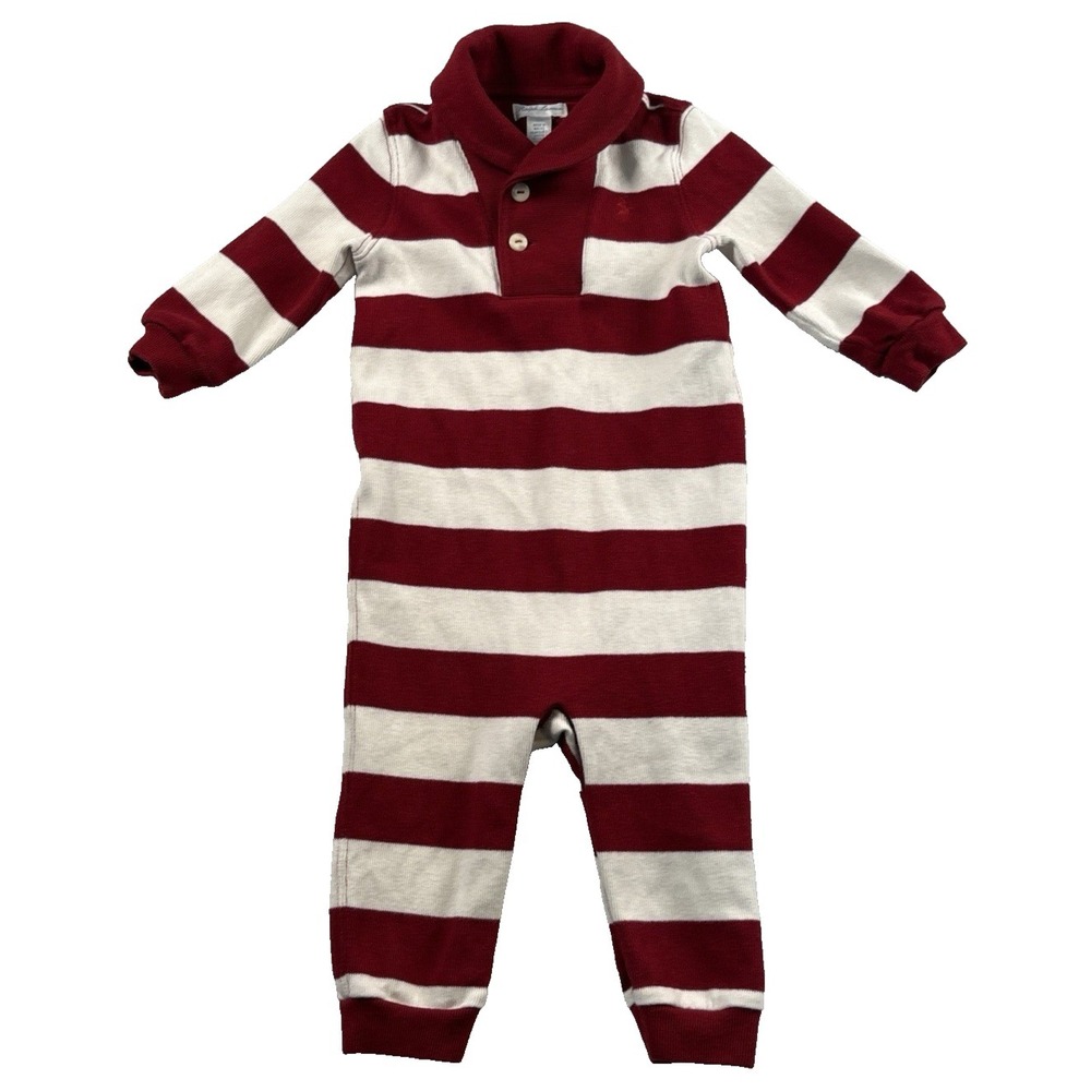 Ralph Lauren Baby Romper 12 Months Rugby Stripe Shawl Collar Red White Snap Legs